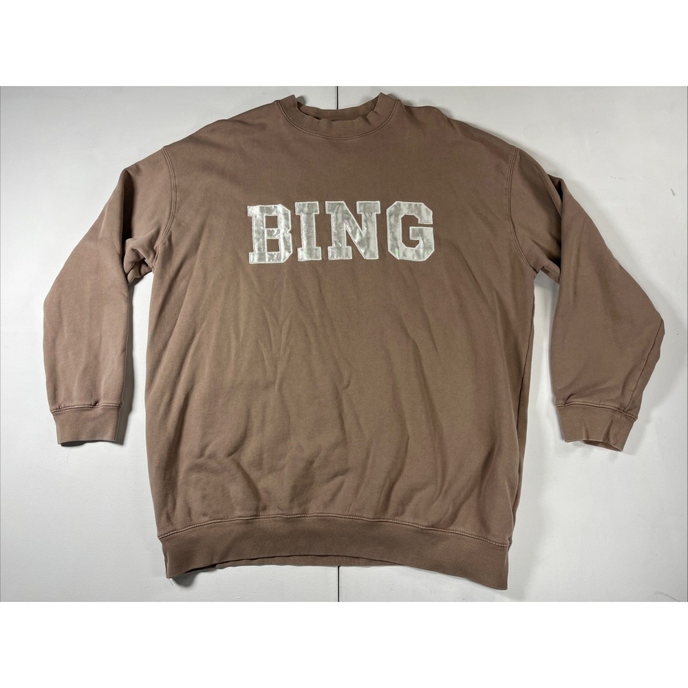 Anine Bing Oversized Tyler Satin Sweatshirt Spellout Washed Iron Tan Womens M